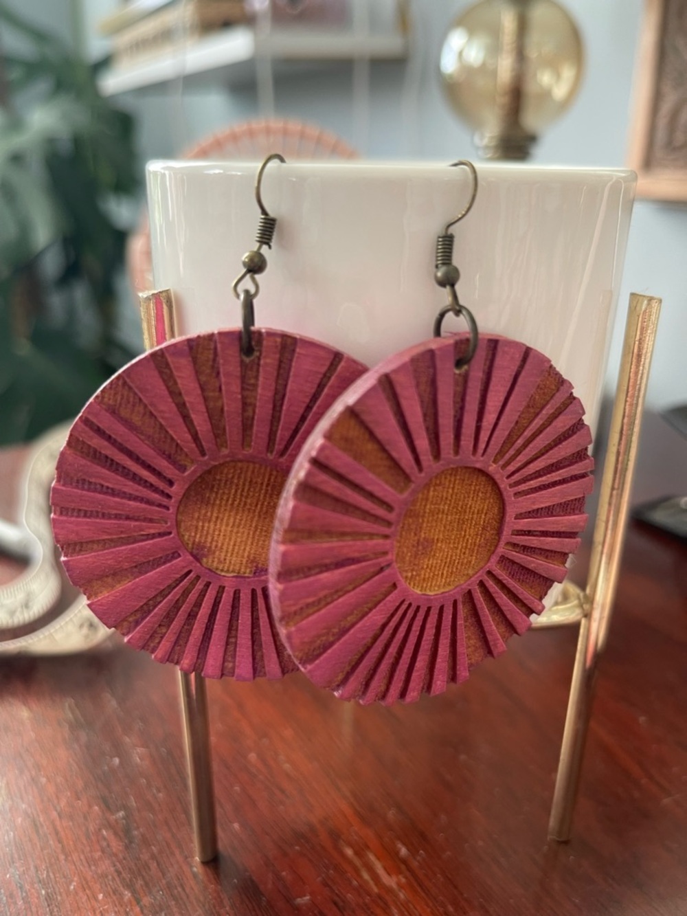 Wooden Sunburst Drop Earrings in Pink. Lightweight